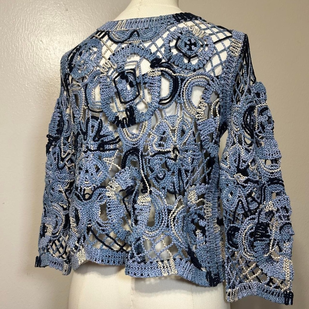 Y2K Per Se Womens Open Knit Crochet Cardigan S Boho Artsy Embroidered 3/4 Sleeve - Picture 2 of 5